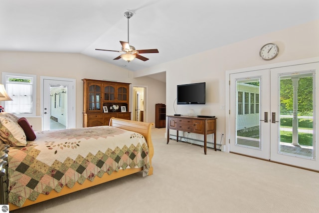 1740 Setterbo Rd, Suttons Bay, MI 49682 - bedroom with french doors, baseboard heating, access to exterior, light carpet, and lofted ceiling