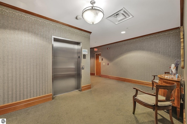 141 Rivers Edge Dr Unit 310, Traverse City, MI 49684 - hall with elevator, ornamental molding, carpet floors, and wallpapered walls