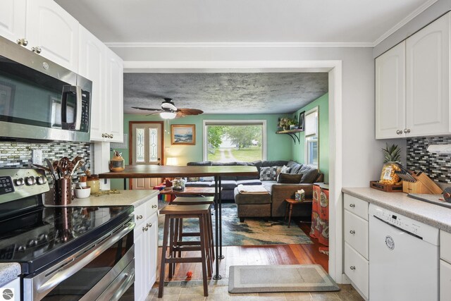 821 Indian Trail Blvd, Traverse City, MI 49686 - kitchen featuring appliances with stainless steel finishes, white cabinets, decorative backsplash, and ceiling fan