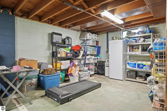 821 Indian Trail Blvd, Traverse City, MI 49686 - unfinished basement featuring freestanding refrigerator and concrete block wall