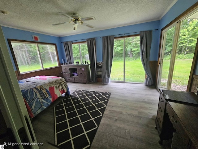 622 W Houghton Lake Rd, Lake City, MI 49651 - bedroom featuring a textured ceiling, access to exterior, wainscoting, wood finished floors, and ornamental molding