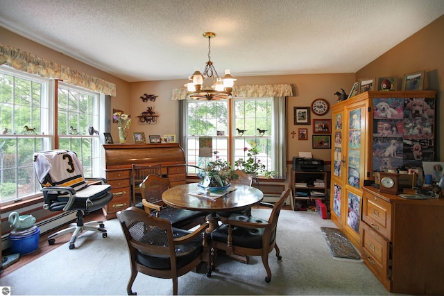 8124 Crisp Rd, Williamsburg, MI 49690 - dining space featuring a chandelier, a textured ceiling, and baseboard heating