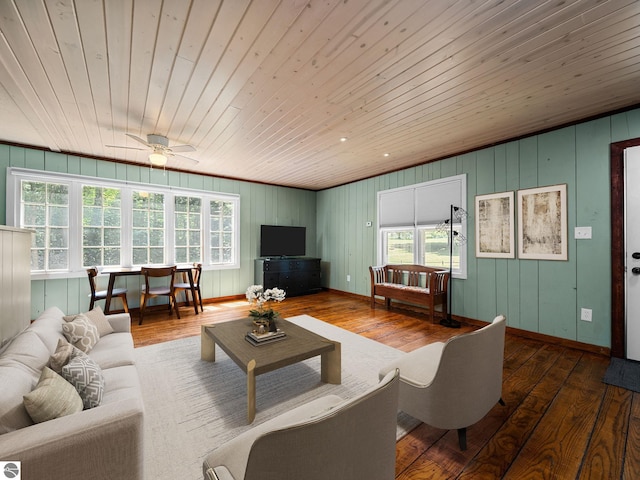 10090 E 48th Rd, Cadillac, MI 49601 - living room with wood-type flooring, wooden ceiling, and ceiling fan