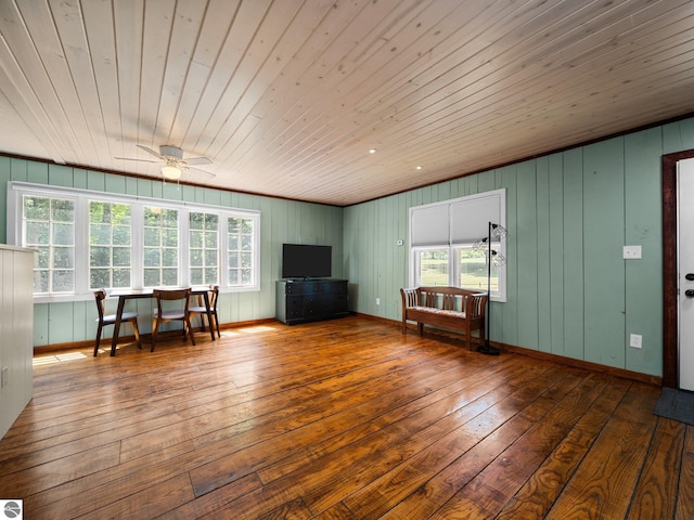 10090 E 48th Rd, Cadillac, MI 49601 - living area with hardwood / wood-style flooring, ceiling fan, and wood ceiling