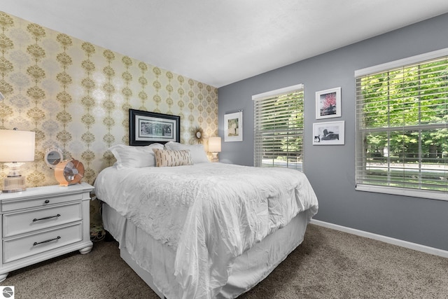 2491 Holland Cir, Traverse City, MI 49685 - bedroom featuring multiple windows, dark carpet, and wallpapered walls