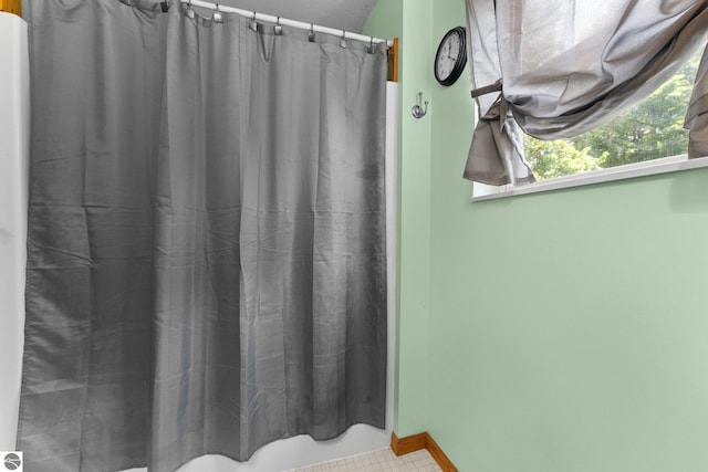 2491 Holland Cir, Traverse City, MI 49685 - bathroom with a shower with shower curtain and baseboards