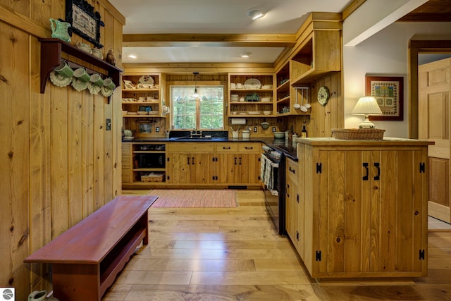 4079 E Oxford Dr, Leland, MI 49654 - kitchen with open shelves, dark countertops, light wood-style floors, and wooden walls