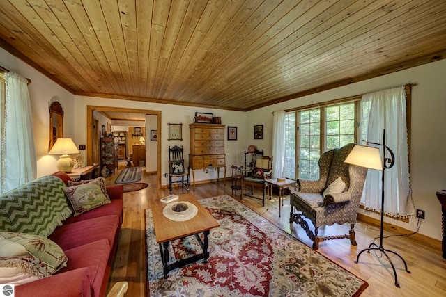4079 E Oxford Dr, Leland, MI 49654 - living area with wood ceiling, ornamental molding, and hardwood / wood-style flooring