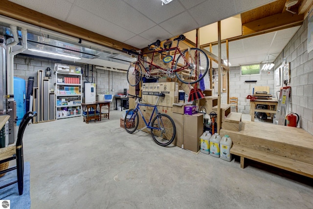 4079 E Oxford Dr, Leland, MI 49654 - below grade area featuring concrete block wall, a workshop area, a water pressure tank, and water heater