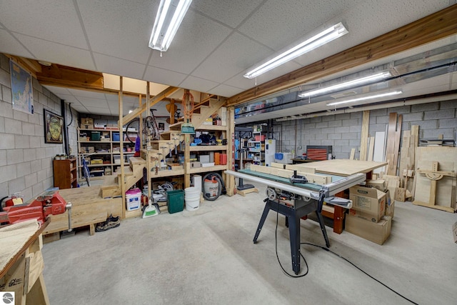 4079 E Oxford Dr, Leland, MI 49654 - basement with concrete block wall, a drop ceiling, and a workshop area