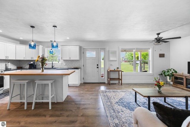 6330 Lund Rd SW, Fife Lake, MI 49633 - living area with dark wood-style flooring, recessed lighting, and ceiling fan