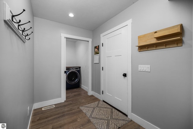 6330 Lund Rd SW, Fife Lake, MI 49633 - washroom with washer / clothes dryer, dark wood-style floors, and recessed lighting