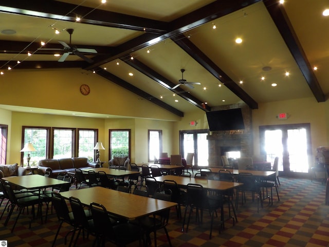 1246 Sunnyside Dr Unit 203, 4 & 8, Cadillac, MI 49601 - carpeted dining space with ceiling fan, beamed ceiling, recessed lighting, and high vaulted ceiling