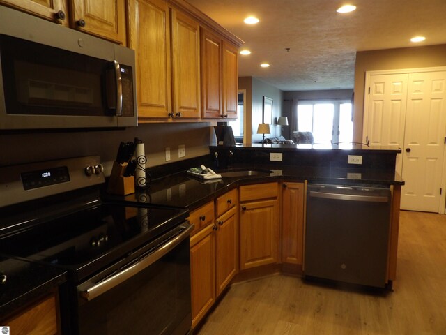 1246 Sunnyside Dr Unit 203, 4 & 8, Cadillac, MI 49601 - kitchen featuring appliances with stainless steel finishes, a peninsula, brown cabinets, light wood-style flooring, and recessed lighting