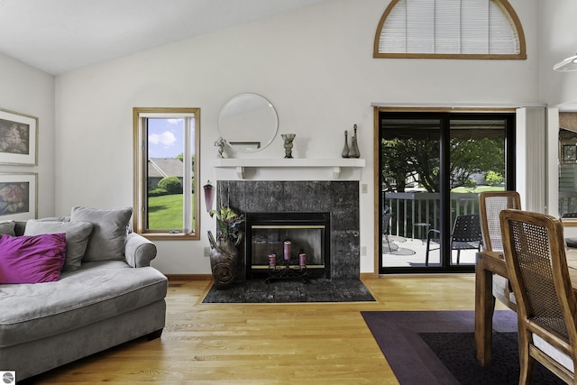 3810 Ridgeway Pl, Traverse City, MI 49684 - living area featuring vaulted ceiling, plenty of natural light, a tile fireplace, and wood finished floors