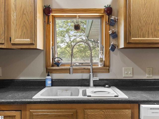 3048 Frankfort Hwy, Frankfort, MI 49635 - kitchen with dark countertops, brown cabinets, and dishwashing machine