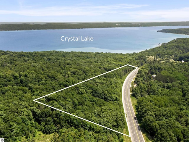 3048 Frankfort Hwy, Frankfort, MI 49635 - aerial view of property and surrounding area featuring property boundaries highlighted