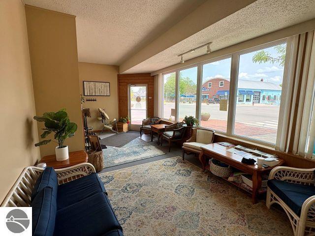 180 S Benzie Blvd, Beulah, MI 49617 - living room with a textured ceiling and carpet flooring