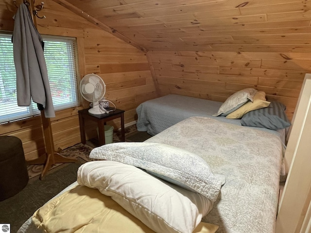 5218 E Laird Lake Rd, Hale, MI 48739 - carpeted bedroom with lofted ceiling, wood walls, and wood ceiling