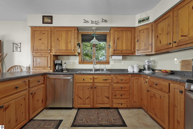 6387 W Maple St, Lake City, MI 49651 - kitchen featuring stainless steel dishwasher, dark countertops, brown cabinetry, and decorative light fixtures