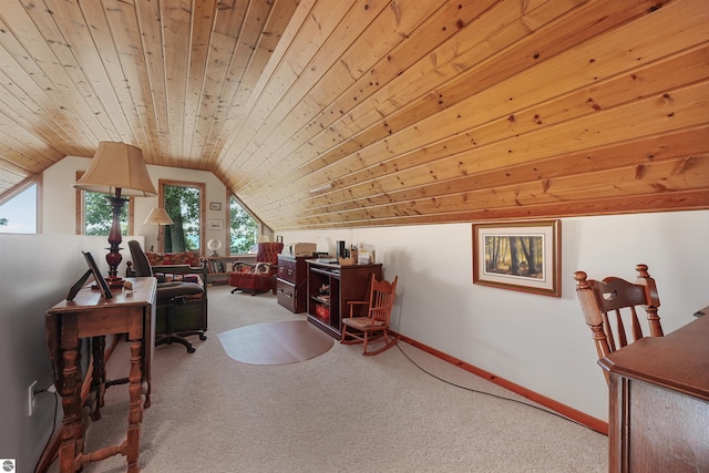 6387 W Maple St, Lake City, MI 49651 - home office featuring carpet, vaulted ceiling, and wood ceiling