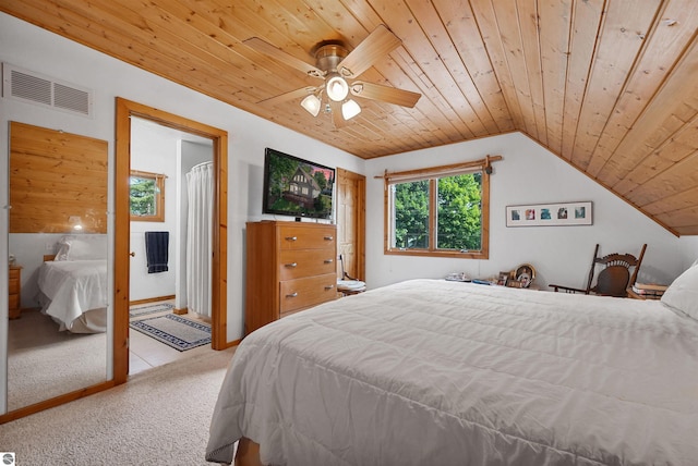 6387 W Maple St, Lake City, MI 49651 - bedroom featuring wooden ceiling, carpet flooring, lofted ceiling, and a ceiling fan