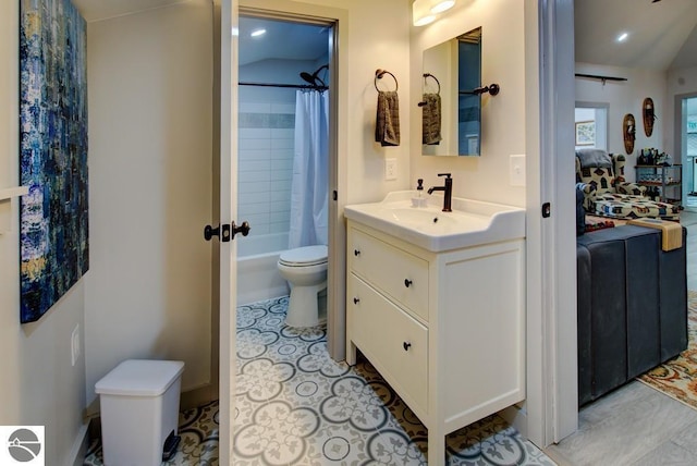 7600 Maple St, Grawn, MI 49637 - bathroom featuring vanity, shower / tub combo, tile patterned flooring, and recessed lighting