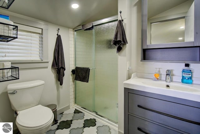 7600 Maple St, Grawn, MI 49637 - full bath with a stall shower, recessed lighting, vanity, and lofted ceiling