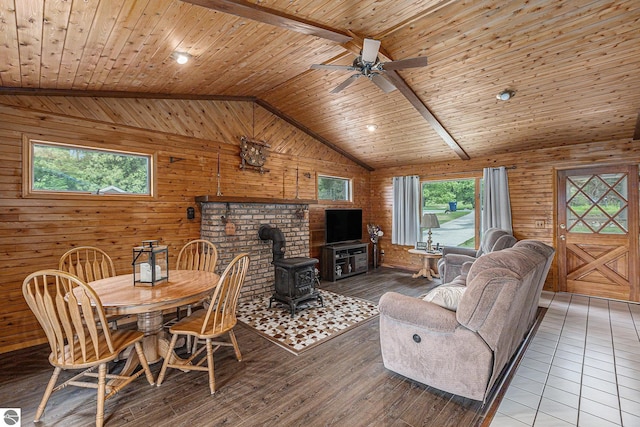 8781 Clam Lake Rd, Bellaire, MI 49615 - dining area with a wood stove, a wood ceiling with exposed beams, wood walls, a ceiling fan, and high vaulted ceiling