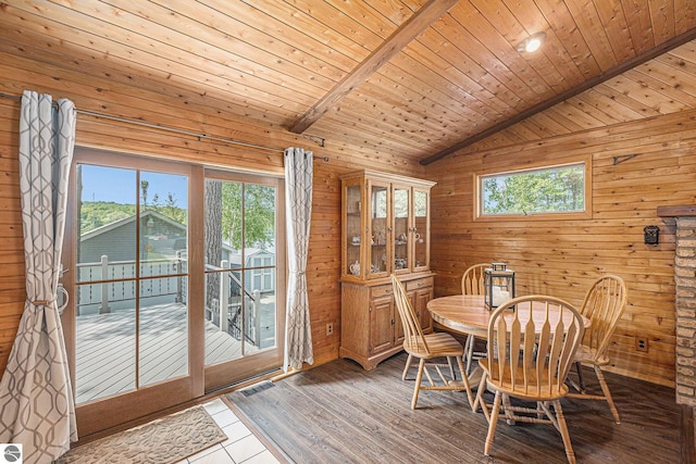 8781 Clam Lake Rd, Bellaire, MI 49615 - dining area with wooden ceiling, wood-type flooring, and wood walls