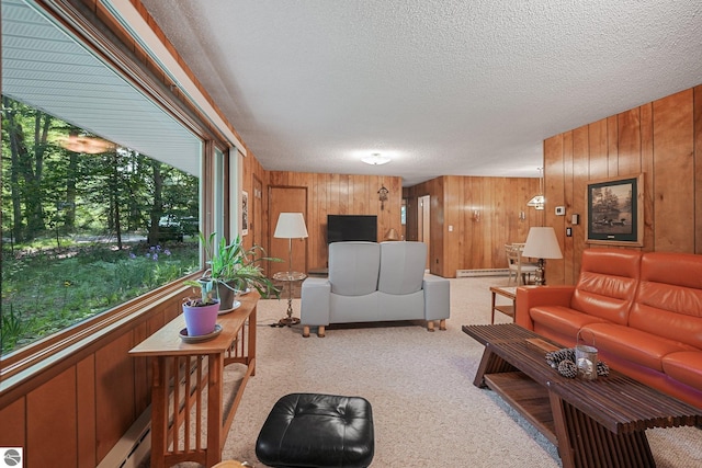 10085 Harmony Dr, Interlochen, MI 49643 - living area featuring a textured ceiling, wood walls, and carpet flooring