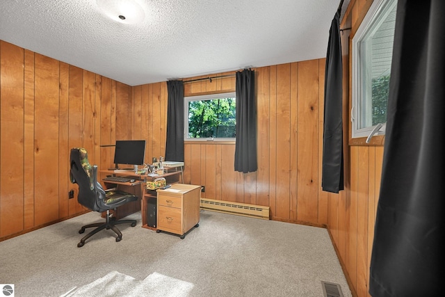 10085 Harmony Dr, Interlochen, MI 49643 - office space featuring a baseboard heating unit, wooden walls, carpet, and a textured ceiling
