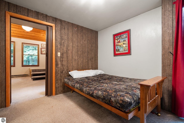 15910 E Cherry Park Dr, Northport, MI 49670 - bedroom with carpet flooring, baseboard heating, and wood walls