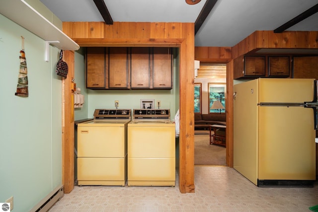 15910 E Cherry Park Dr, Northport, MI 49670 - kitchen featuring freestanding refrigerator, washer and dryer, beamed ceiling, wood walls, and baseboard heating