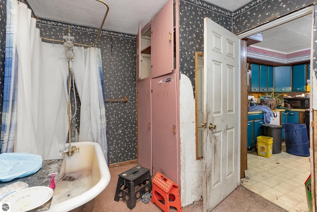 309 W Orchard Ave, Shepherd, MI 48883 - full bathroom featuring wallpapered walls, tile patterned floors, and curtained shower