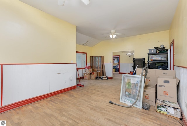 309 W Orchard Ave, Shepherd, MI 48883 - miscellaneous room featuring ceiling fan, wood finished floors, and lofted ceiling