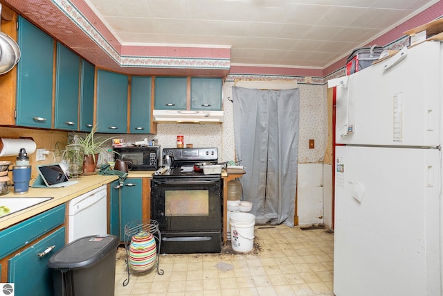 309 W Orchard Ave, Shepherd, MI 48883 - kitchen with black appliances, under cabinet range hood, light flooring, light countertops, and wallpapered walls
