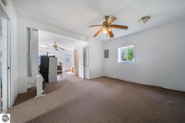 100 S Bullock St, Whittemore, MI 48770 - unfurnished living room featuring electric panel, ceiling fan, and carpet
