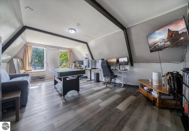 100 S Bullock St, Whittemore, MI 48770 - playroom with lofted ceiling, a desk, and wood finished floors