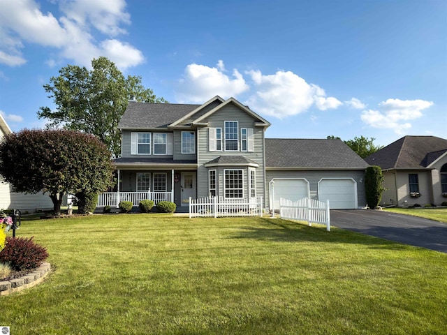 318 Red Maple Ln, Shepherd, MI 48883 - view of front of house with a garage, asphalt driveway, a porch, a front lawn, and a shingled roof