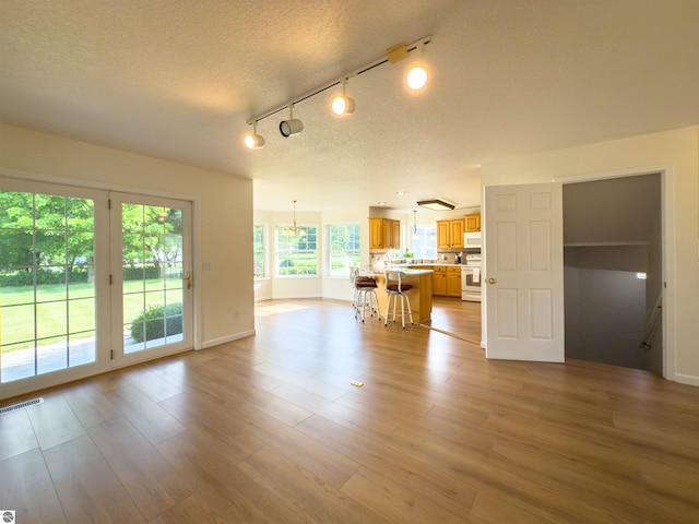 318 Red Maple Ln, Shepherd, MI 48883 - unfurnished living room featuring a textured ceiling, light wood-style floors, and rail lighting