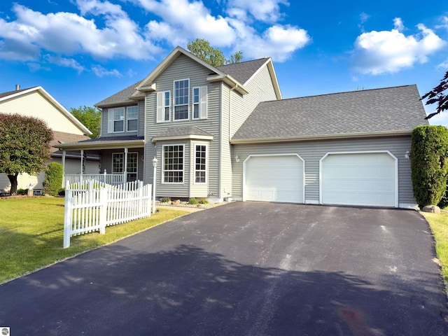 318 Red Maple Ln, Shepherd, MI 48883 - traditional home featuring a garage, driveway, a front yard, a shingled roof, and a porch