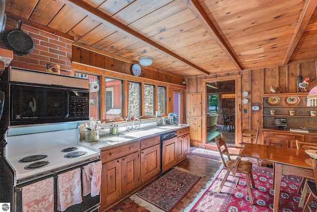 7822 W Welch Rd, Empire, MI 49630 - kitchen featuring a wooden ceiling with exposed beams, electric range oven, dishwasher, wooden walls, and light countertops