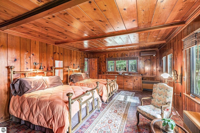7822 W Welch Rd, Empire, MI 49630 - bedroom with a wooden ceiling with exposed beams, wood walls, radiator, and an AC wall unit