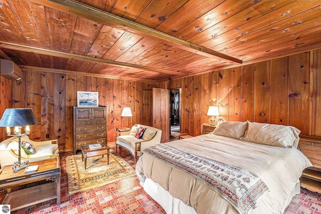 7822 W Welch Rd, Empire, MI 49630 - bedroom featuring wooden ceiling, brick patterned flooring, a wall mounted air conditioner, and wood walls