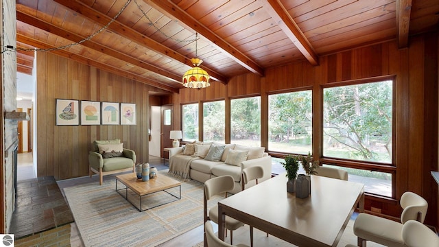 1519 Ridge Rdg, Mount Pleasant, MI 48858 - living room featuring wood ceiling, wooden walls, and plenty of natural light