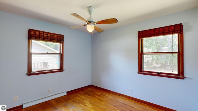 1519 Ridge Rdg, Mount Pleasant, MI 48858 - unfurnished room with a baseboard heating unit, wood finished floors, and ceiling fan