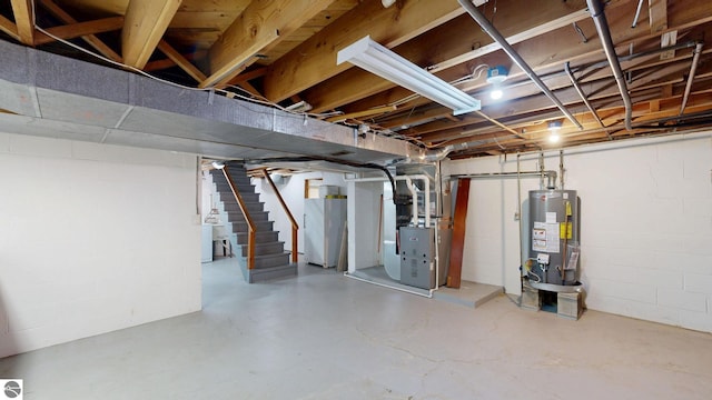 1519 Ridge Rdg, Mount Pleasant, MI 48858 - unfinished basement with gas water heater, heating unit, stairs, and concrete block wall