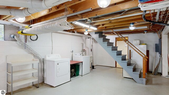 1519 Ridge Rdg, Mount Pleasant, MI 48858 - unfinished basement featuring washer and clothes dryer and stairway