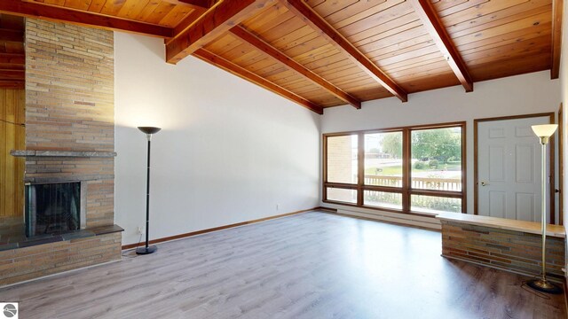 1519 Ridge Rdg, Mount Pleasant, MI 48858 - unfurnished living room with wood finished floors, a fireplace, and wood ceiling